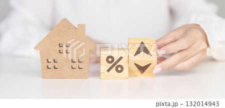 Percentage block change to UP and Down arrow with Home model. Real estate Mortgage, Refinance, House loan and debt, Interest rate, Insurance, Financial Property and economic recession Percentage block change to UP and Down arrow with Home model. Real estate Mortgage, Refinance, House loan and debt, Interest rate, Insurance, Financial Property and economic recession 132014943