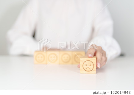 Woman show Unhappy Sad face block, Mental health Assessment, Psychology, Health Wellness, Feedback, Customer Review, Experience, Satisfaction Survey, Negative Thinking and World Mental Health day 132014948