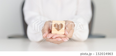 Hand holding heart block for health care, love, organ donation, charity, happy family, wellbeing and insurance concepts. world heart day, health day and mental health day 132014963