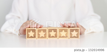 hand show Star block. Customer choose rating for user reviews. Service rating, ranking, customer review, satisfaction, evaluation and feedback concept 132014996