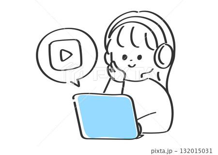 ノートパソコンで動画視聴を楽しむ女性のイラスト 132015031