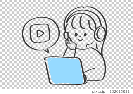 ノートパソコンで動画視聴を楽しむ女性のイラスト 132015031