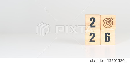 2026 year block with dartboard icon. Goal, Target, Resolution, strategy, plan, Action, mission, motivation, and New Year start concepts 132015264