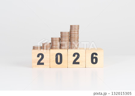 Happy New Year 2026 with Coins stack. Money, Budget, tax, investment, financial, savings and New Year Resolution concepts 132015305