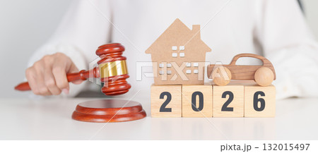 Happy New Year 2026 with house and Car model and gavel justice hammer on desk in courthouse. Real Estate and Car Law, Home Insurance, property Tax, Auction and Bidding concepts Happy New Year 2026 with house and Car model and gavel justice hammer on desk in courthouse. Real Estate and Car Law, Home Insurance, property Tax, Auction and Bidding concepts 132015497