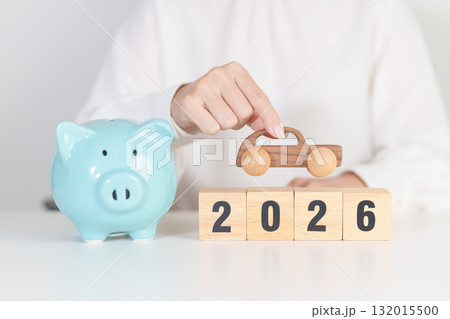 Happy New Year 2026 with car model and Coins Money stack for deposit and Automobile Tax. Money Saving, Car Insurance, Financial, vehicle Repair and Maintenance and New Year concept 132015500