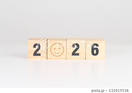 Happy New Year 2026 with Smile block. Satisfaction, feedback, Review, mental health, eco sustainable and good year concept 132015536
