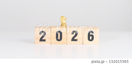 Happy New Year 2026 year block with horse chess. Year of the Horse, animals of the Chinese zodiac, horoscope, success and good fortune 132015565