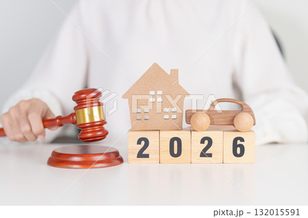 Happy New Year 2026 with house and Car model and gavel justice hammer on desk in courthouse. Real Estate and Car Law, Home Insurance, property Tax, Auction and Bidding concepts Happy New Year 2026 with house and Car model and gavel justice hammer on desk in courthouse. Real Estate and Car Law, Home Insurance, property Tax, Auction and Bidding concepts 132015591