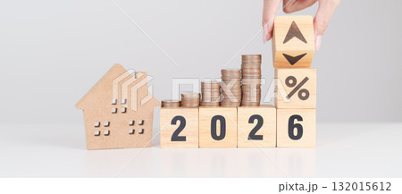 2026 New Year with percentage change to UP and Down arrow, Home model and coin stack. Real estate Mortgage, Refinance, House loan and debt, Interest rate, Insurance, Financial and Property Tax 2026 New Year with percentage change to UP and Down arrow, Home model and coin stack. Real estate Mortgage, Refinance, House loan and debt, Interest rate, Insurance, Financial and Property Tax 132015612