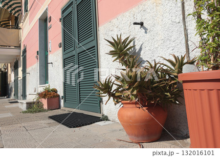 Old street, road in Italian countryside near sea. Traditional building. Sun day. Entrance, window to house. Nature and flowers.  Old street, road in Italian countryside near sea. Traditional building. Sun day. Entrance, window to house. Nature and flowers.  132016101