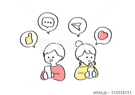 SNSを楽しむ若い男女のイラスト SNSを楽しむ若い男女のイラスト 132016151