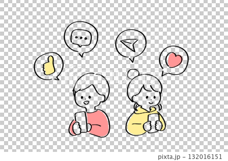 SNSを楽しむ若い男女のイラスト SNSを楽しむ若い男女のイラスト 132016151