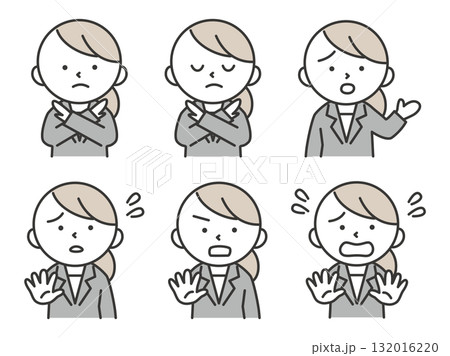 NGや拒否のポーズをするスーツを着た女性のイラストセット　シンプルで可愛い人物素材 132016220