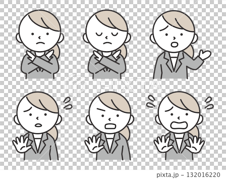 NGや拒否のポーズをするスーツを着た女性のイラストセット　シンプルで可愛い人物素材 132016220