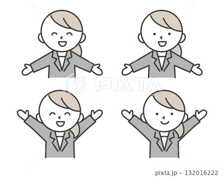 両手を広げたポーズをするスーツを着た女性のイラストセット　シンプルで可愛い人物素材 132016222