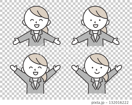 両手を広げたポーズをするスーツを着た女性のイラストセット　シンプルで可愛い人物素材 132016222