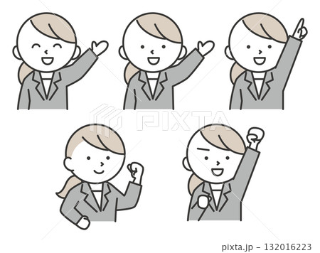 挨拶やガッツポーズをするスーツを着た女性のイラストセット　シンプルで可愛い人物素材 132016223