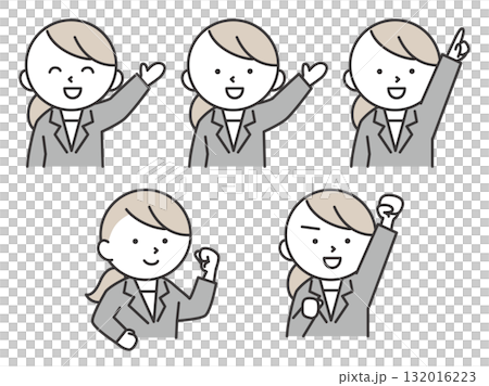 挨拶やガッツポーズをするスーツを着た女性のイラストセット　シンプルで可愛い人物素材 132016223