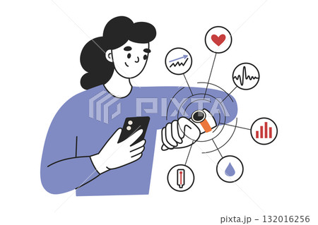 Woman using smartwatch and holding smartphone, smart watch flat cartoon vector illustration for health, fitness and technology design, wearable device showing pulse, temperature, ECG and data charts 132016256