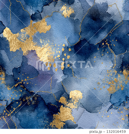 Elegant Abstract Watercolor Seamless Pattern with Gold Foil and Moody Indigo Tones 132016459