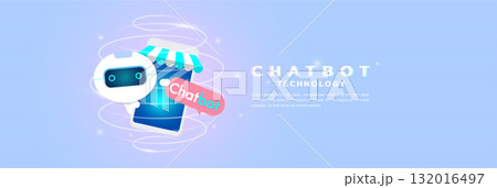 AI chatbot with store icon and smartphone. Digital assistant technology for ecommerce and online shopping support banner. AI chatbot with store icon and smartphone. Digital assistant technology for ecommerce and online shopping support banner. 132016497