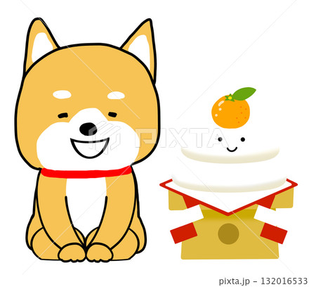 正座でお辞儀して新年のご挨拶をするしばいぬと鏡餅 132016533