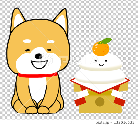 正座でお辞儀して新年のご挨拶をするしばいぬと鏡餅 132016533