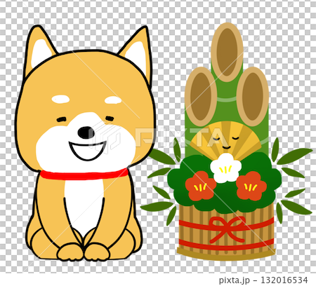 柴犬和門松正座鞠躬迎接新年 132016534