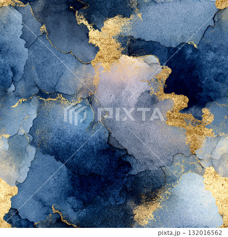 Elegant Abstract Watercolor Seamless Pattern with Gold Foil and Moody Indigo Tones 132016562