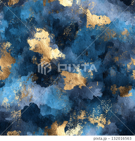 Elegant Abstract Watercolor Seamless Pattern with Gold Foil and Moody Indigo Tones Elegant Abstract Watercolor Seamless Pattern with Gold Foil and Moody Indigo Tones 132016563