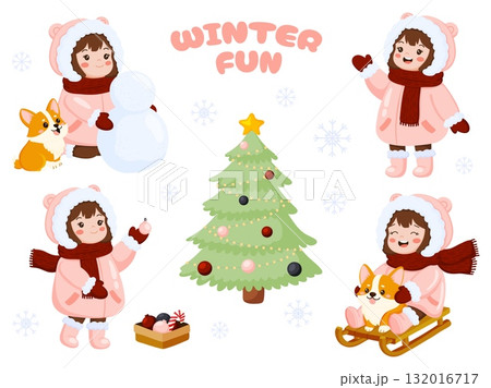 Cute Little Girl and Corgi Winter Fun Set 132016717