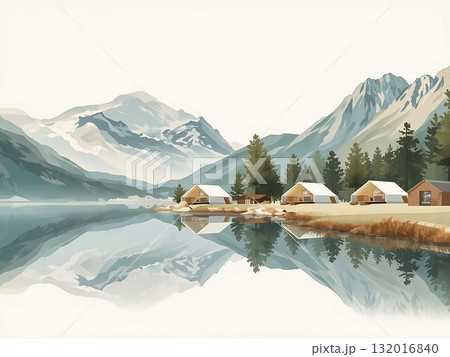 自然に囲まれた湖畔とグランピングの風景イラスト 自然に囲まれた湖畔とグランピングの風景イラスト 132016840