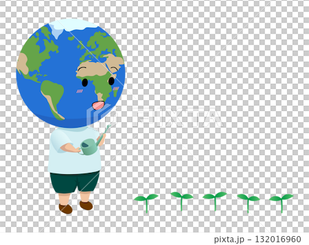 植物の芽に水をやる地球　擬人化イラスト　エコ 132016960