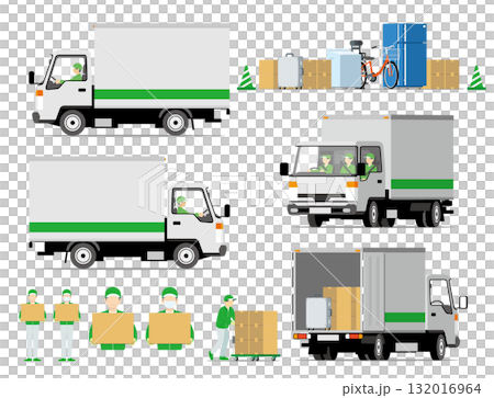 Moving, vehicles, trucks, trolleys, staff, sets 132016964