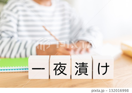 一夜漬けのブロックと勉強をする小学生の男の子 132016998