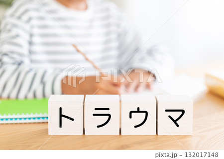 トラウマのブロックと勉強をする小学生の男の子 132017148