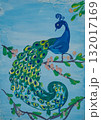 Colorful peacock perched on a branch with blossoms in a vibrant painting 132017169