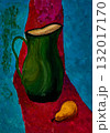 Vibrant still life featuring a green pitcher and a yellow pear 132017170