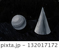 Simple geometric shapes painted in monochrome tones on a dark background 132017172