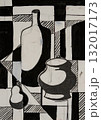 Exploration of shapes in monochrome paint art depicting bottles and pottery 132017173