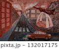 Creative urban landscape featuring a car and a flying plane at dusk 132017175