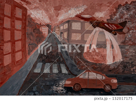 Creative urban landscape featuring a car and a flying plane at dusk 132017175