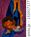 Colorful still life with pumpkins, wine bottle, and a bowl of mushrooms 132017177
