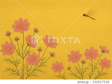黄色い背景にコスモスの花と赤とんぼ 132017310