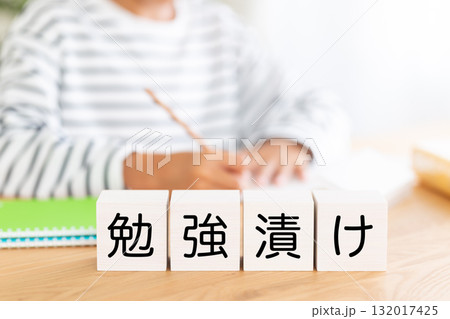 勉強漬けのブロックと勉強をする小学生の男の子 勉強漬けのブロックと勉強をする小学生の男の子 132017425
