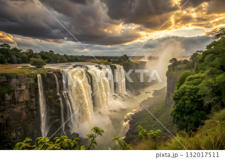 beautiful waterfall in the mountains at sunset 132017511