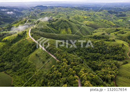 Landscape of Morning Mist with Mountain Layer. mountain ridge and clouds in rural jungle bush forest 132017654