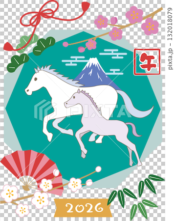 Illustration of a horse and its cub running, suitable for New Year's cards 132018079