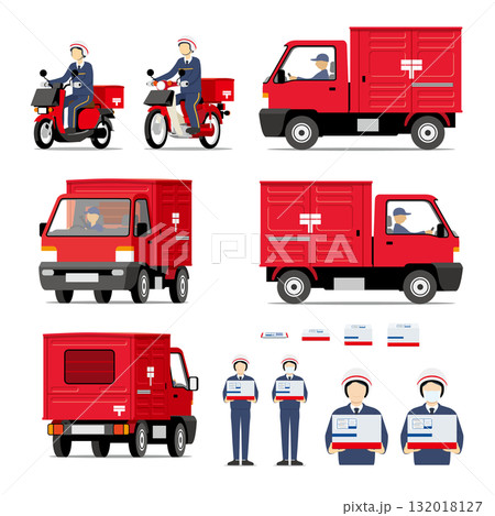 郵便、郵便配達、郵便車両、郵便トラック、オートバイ、スタッフ、セット 132018127